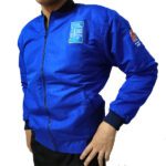 Royal blue personalised bomber jacket with DBKL chest logo and zip fastening