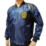 Shiny navy blue custom bomber jacket with yellow embroidered chest emblem