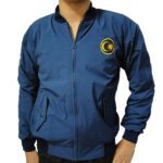 Blue corporate bomber jacket with yellow embroidered chest emblem