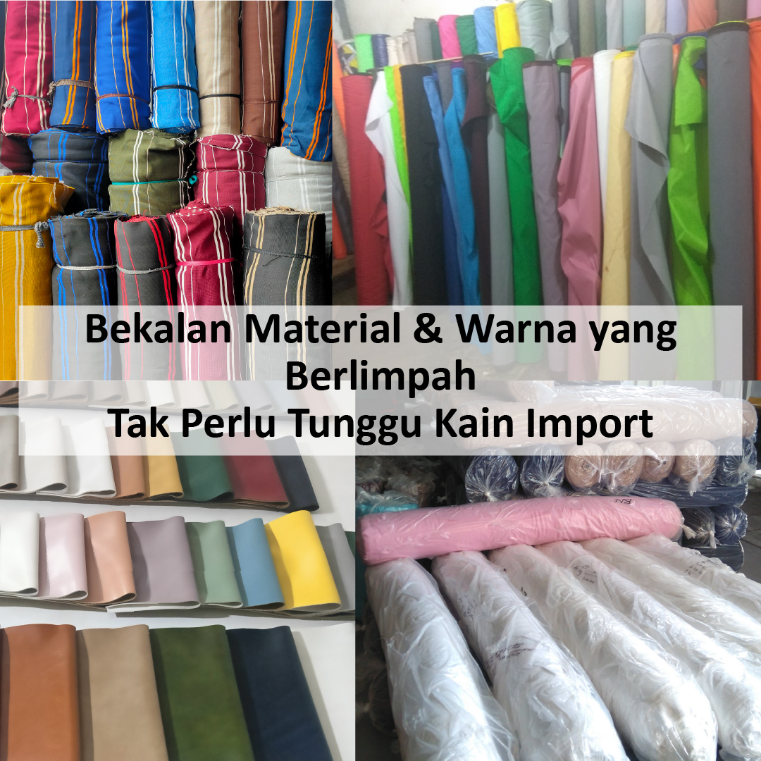 Gambar stok material kain taslan dan kain rib yang banyak dan berwarna-warni.