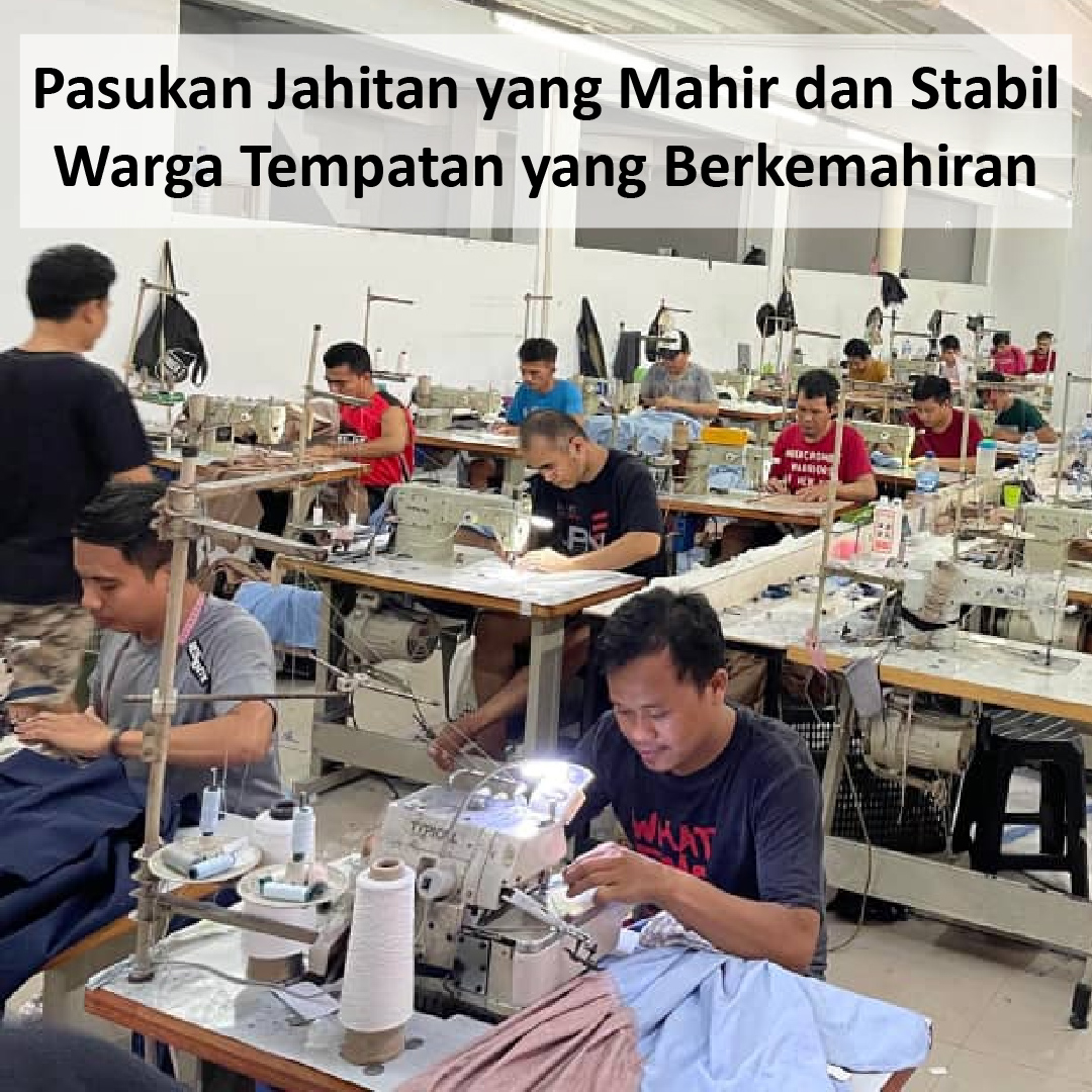 Gambar pekerja jahit sedang menjahit pakaian di kilang Eraine Clothing.