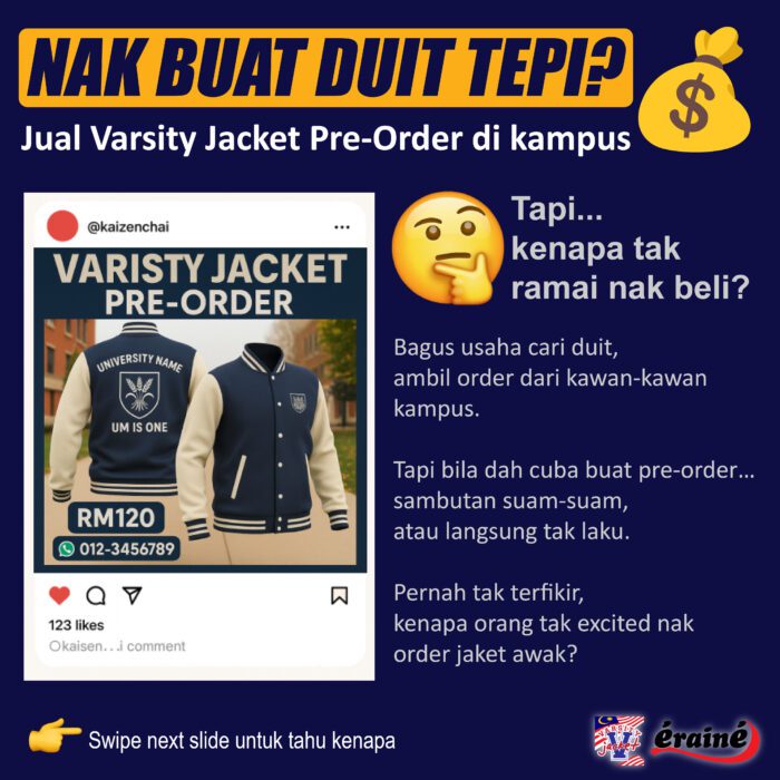 Contoh iklan pre-order varsity jacket di Instagram dengan sambutan yang kurang, highlight masalah jualan jaket universiti.