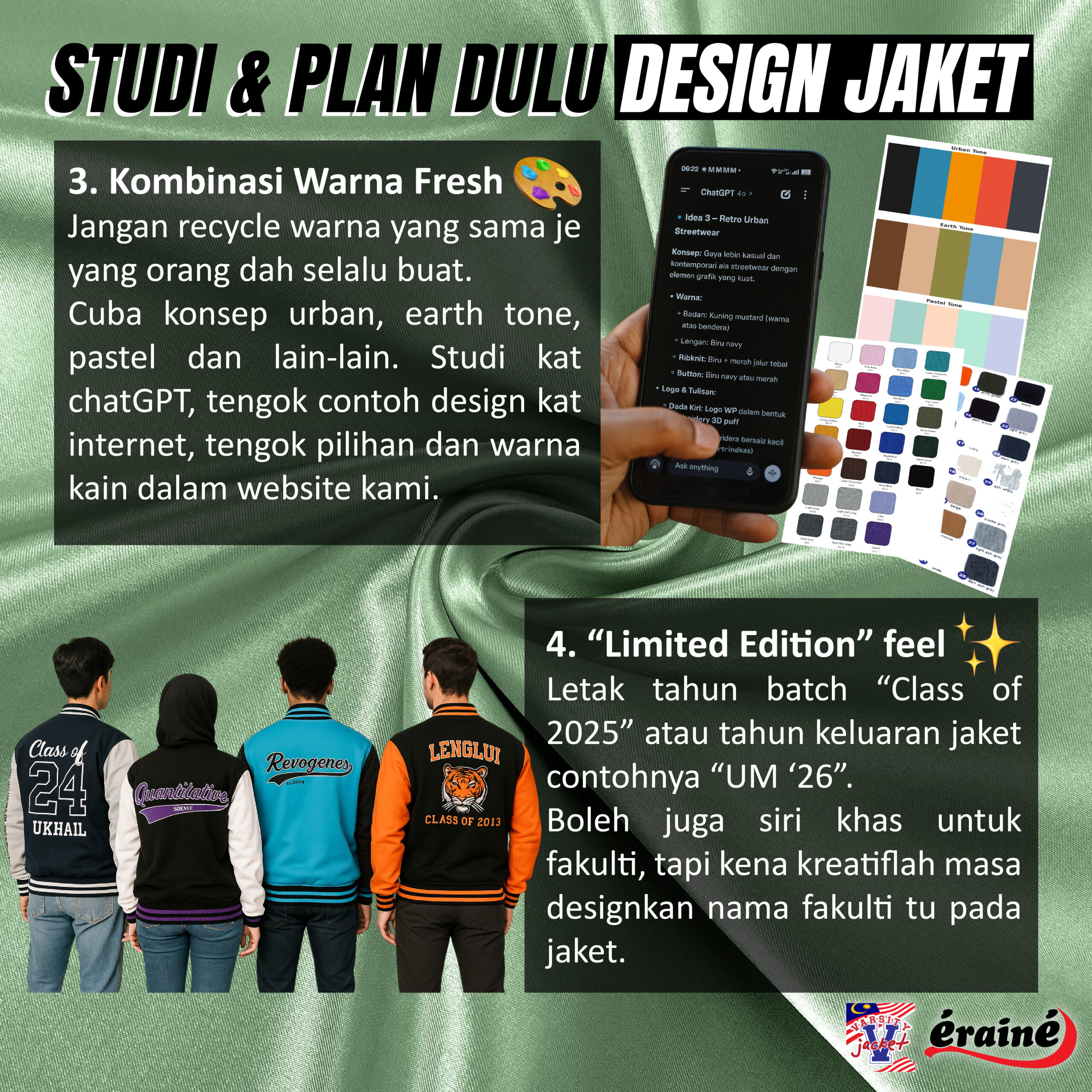 Chart warna urban, pastel dan contoh limited edition batch jaket
