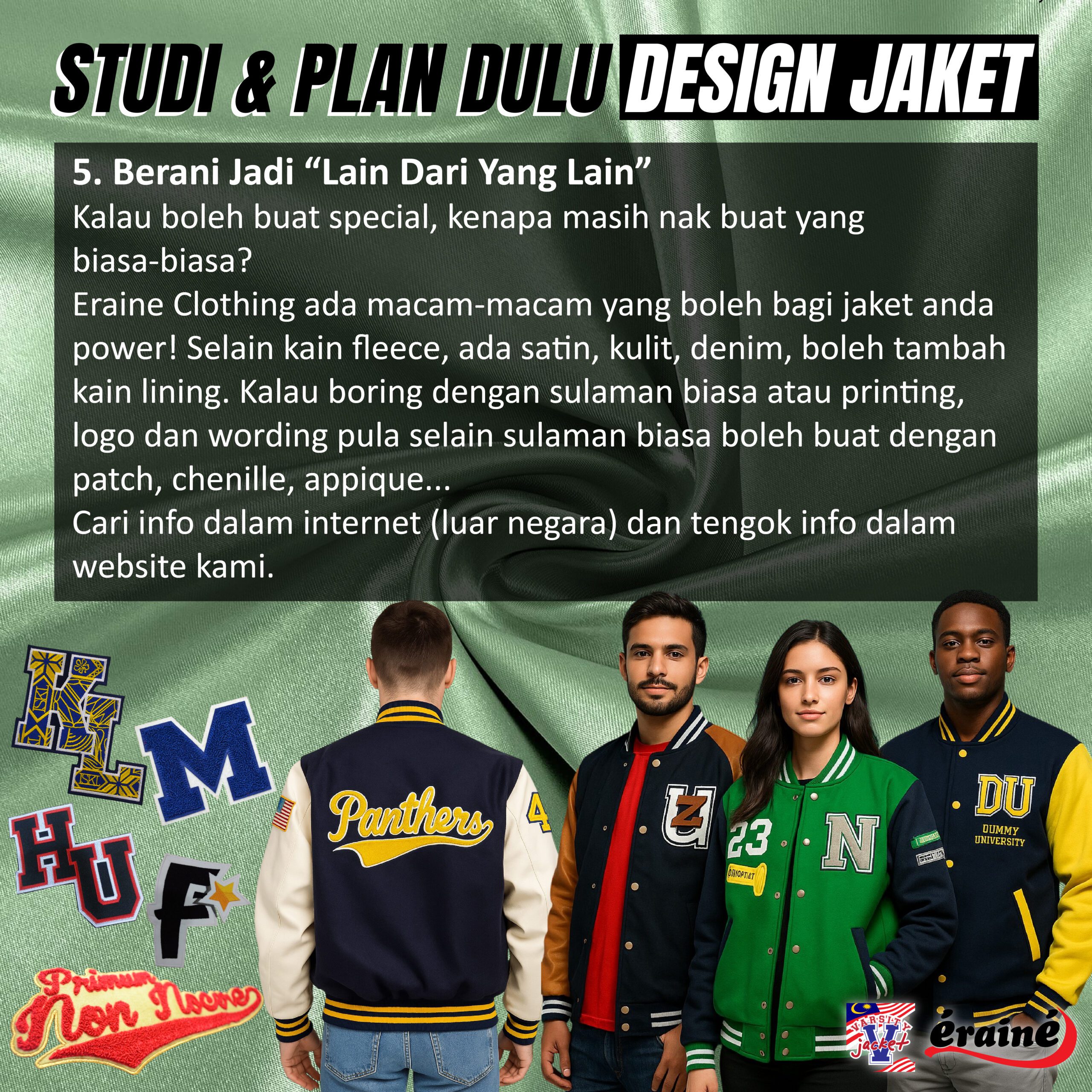 Varsity jacket dengan material satin, kulit, chenille patch dan design unik