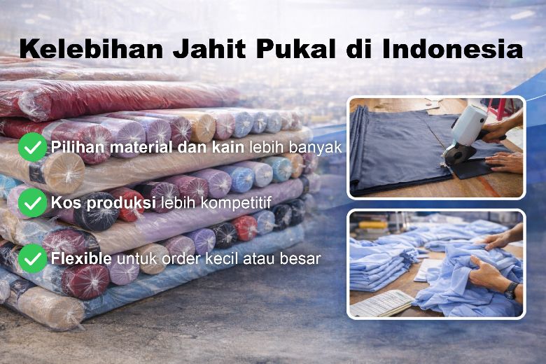 Kelebihan jahit pukal di Indonesia dengan visual pilihan kain yang banyak, proses cutting kain dan QC pakaian untuk menunjukkan kos produksi yang kompetitif serta fleksibiliti tempahan kecil atau besar.