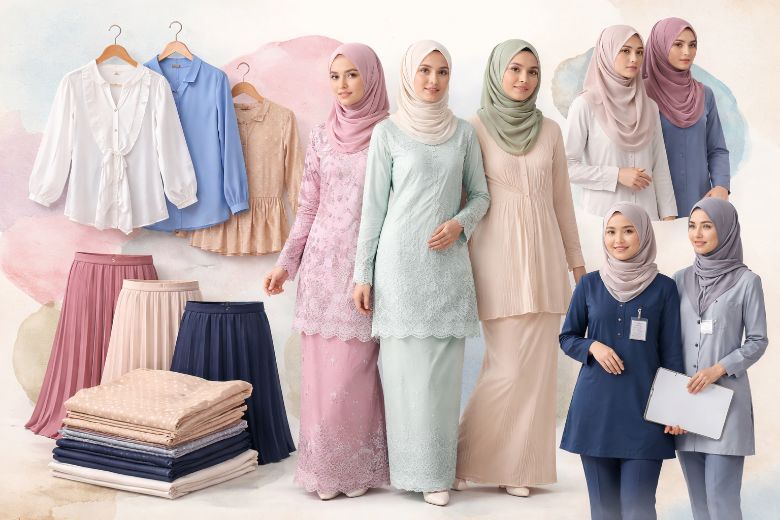 Pelbagai produk pakaian muslimah yang sesuai untuk jahit pukal termasuk baju kurung, blouse, tudung, skirt atau palazzo dan uniform muslimah