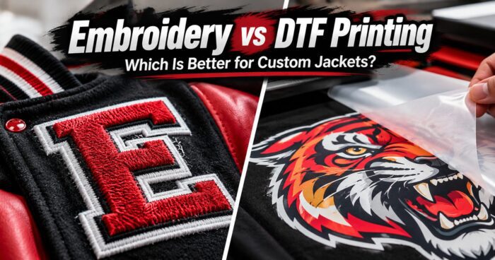 Alt Text: Embroidery vs DTF printing comparison for custom jackets