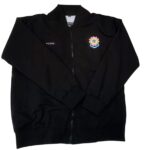 Black corporate bomber jacket with embroidered chest emblem and front zipper