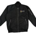 Black custom bomber jacket with embroidered ACES chest emblem and front zipper