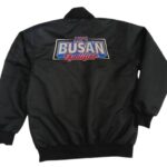 Black personalised bomber jacket with colourful BUSAN chest logo