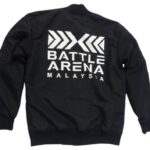 Black custom bomber jacket with large white Battle Arena Malaysia back print
