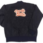 Navy blue custom bomber jacket with colourful Cradle Rocks logo on the back