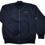 Navy blue corporate bomber jacket with small blue embroidered chest logo