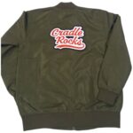Olive green bomber jacket with colourful Cradle Rocks embroidered chest logo