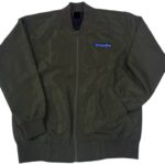 Olive green custom bomber jacket with small embroidered chest logo
