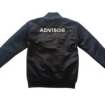 Back view of black corporate bomber jacket with white ADVISOR embroidery