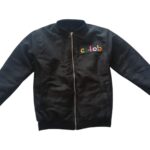Black personalised bomber jacket with embroidered chest logo and zip pockets