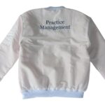 Back view of white corporate bomber jacket with Practice Management embroidery
