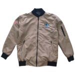 Beige custom bomber jacket with black ribbed collar and embroidered chest logo