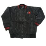 Black custom bomber jacket with red and white chest logo and striped ribbed cuffs