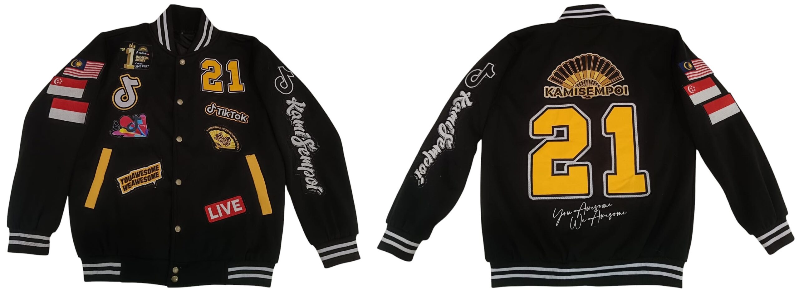 Custom varsity jacket design with multiple logos and decorations